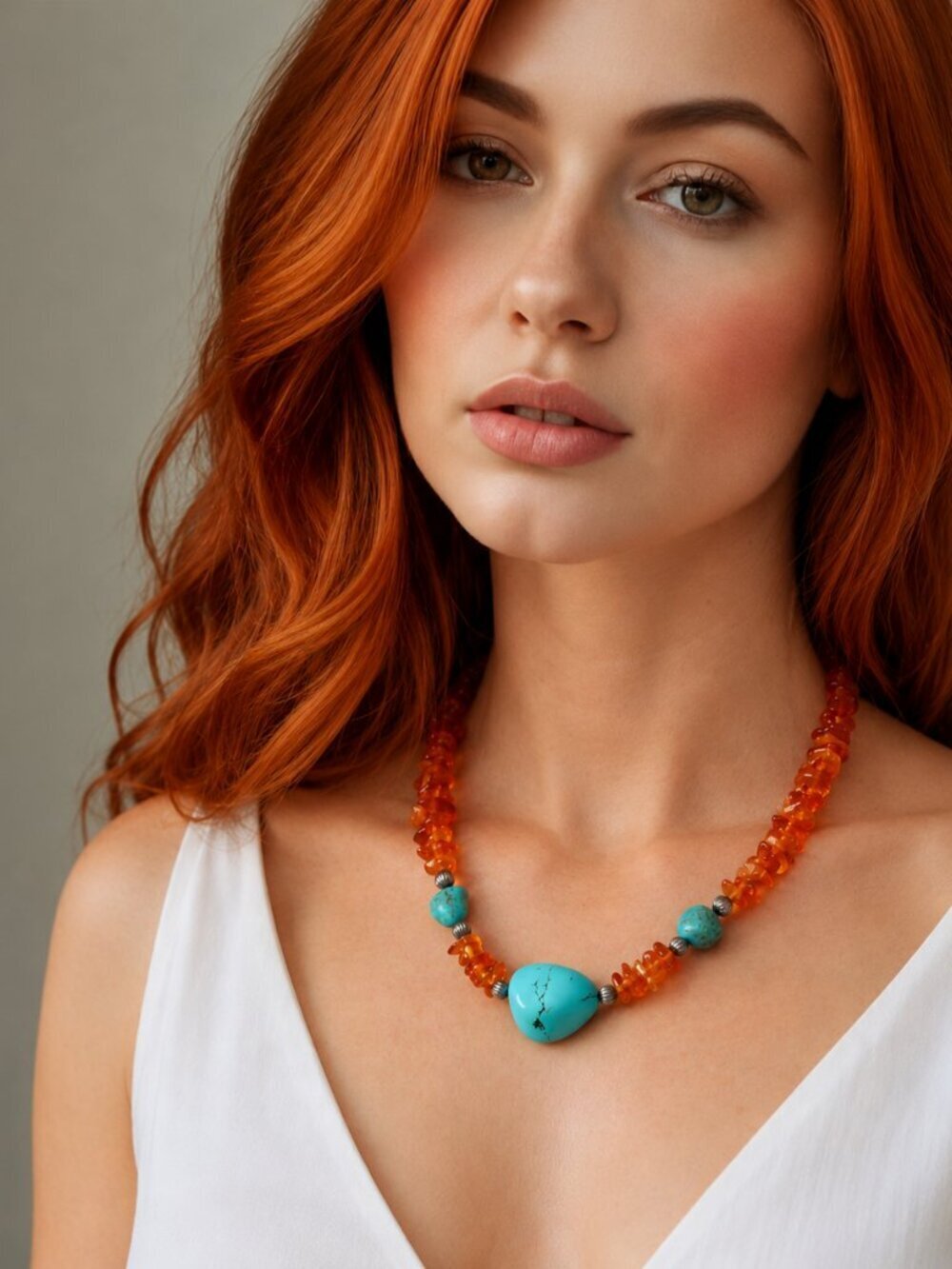 Baltic Amber & Turquoise Necklace With Sterling Silver Navajo Beads